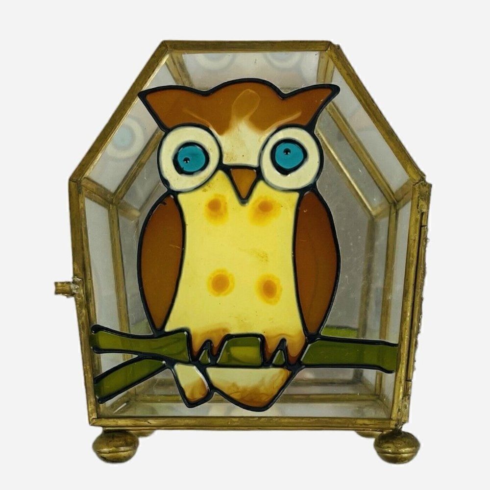 Vintage 1970s Interpur Owl Stained Glass Jewelry Trinket Box Mirrored MCM Taiwan